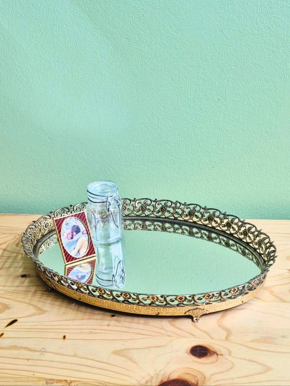 Vintage Oval Filigree Footed Vanity Mirror Tray